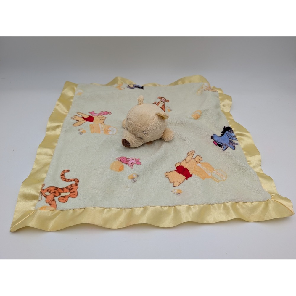Disney Baby Winnie the Pooh Security Blanket Lovey Green Yellow Satin Trim Plush